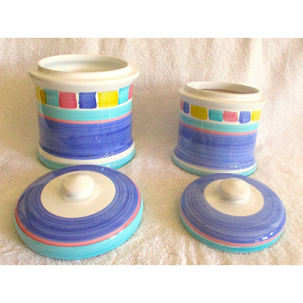 Caleca Italy Hand Painted Ceramic Canister Set Claudio Olga Blue Pink 2pc